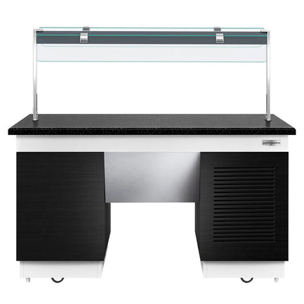 GGM Gastro Refrigerated Buffet Display Counter DUBLIN - 1600mm -  with Refrigerated Frost Top + Flat Glass Sneeze Guard - on Castors - Black