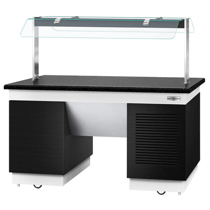 GGM Gastro Refrigerated Buffet Display Counter DUBLIN - 1600mm -  with Refrigerated Frost Top + Flat Glass Sneeze Guard - on Castors - Black
