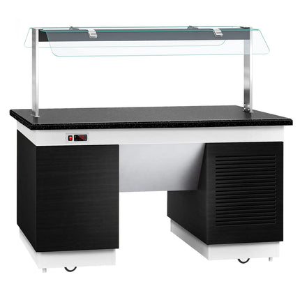 GGM Gastro Refrigerated Buffet Display Counter DUBLIN - 1600mm -  with Refrigerated Frost Top + Flat Glass Sneeze Guard - on Castors - Black
