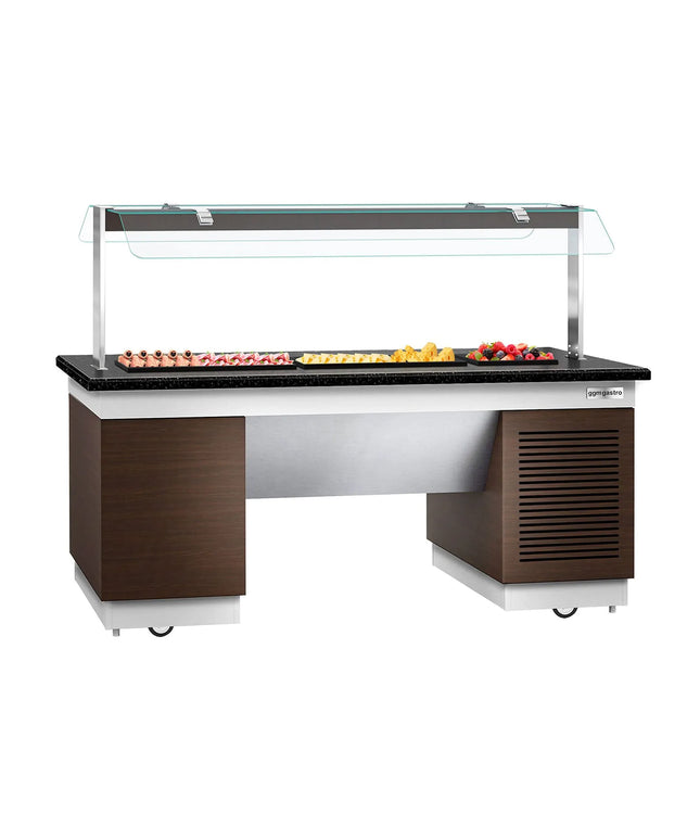 GGM Gastro Refrigerated Buffet Display Counter DUBLIN - 2000mm - with Refrigerated Frost Top + Flat Glass Sneeze Guard - on Castors
