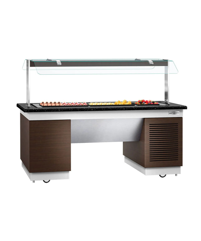 GGM Gastro Refrigerated Buffet Display Counter DUBLIN - 2000mm - with Refrigerated Frost Top + Flat Glass Sneeze Guard - on Castors - Brown