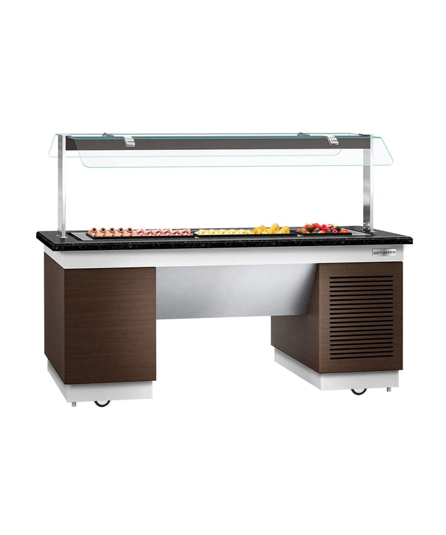 GGM Gastro Refrigerated Buffet Display Counter DUBLIN - 2000mm -with Refrigerated Frost Top + Flat Glass Sneeze Guard - on Castors - Brown