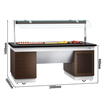 GGM Gastro Refrigerated Buffet Display Counter DUBLIN - 2000mm - with Refrigerated Frost Top + Flat Glass Sneeze Guard - on Castors