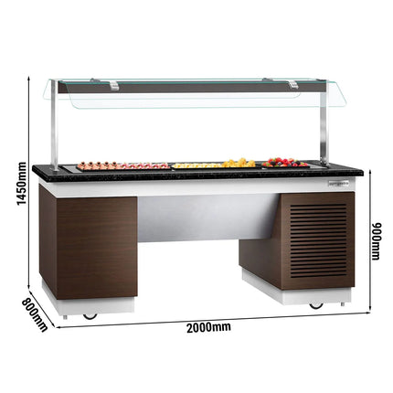 GGM Gastro Refrigerated Buffet Display Counter DUBLIN - 2000mm -with Refrigerated Frost Top + Flat Glass Sneeze Guard - on Castors - Brown