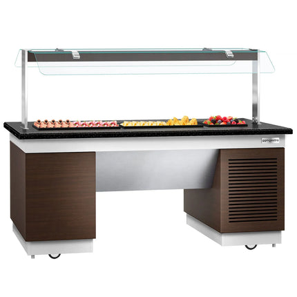 GGM Gastro Refrigerated Buffet Display Counter DUBLIN - 2000mm - with Refrigerated Frost Top + Flat Glass Sneeze Guard - on Castors
