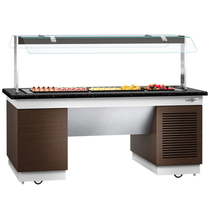 GGM Gastro Refrigerated Buffet Display Counter DUBLIN - 2000mm - with Refrigerated Frost Top + Flat Glass Sneeze Guard - on Castors - Brown