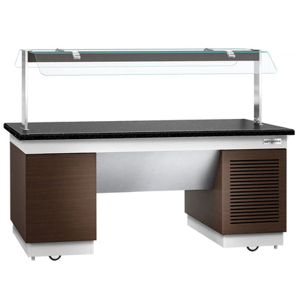 GGM Gastro Refrigerated Buffet Display Counter DUBLIN - 2000mm - with Refrigerated Frost Top + Flat Glass Sneeze Guard - on Castors