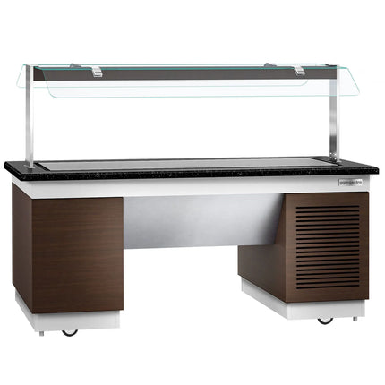 GGM Gastro Refrigerated Buffet Display Counter DUBLIN - 2000mm - with Refrigerated Frost Top + Flat Glass Sneeze Guard - on Castors - Brown