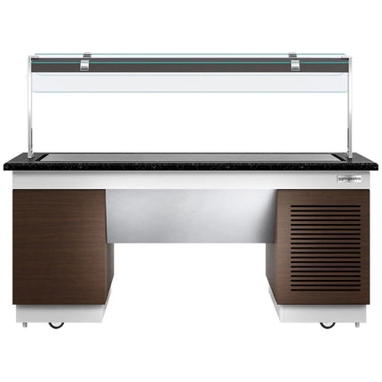 GGM Gastro Refrigerated Buffet Display Counter DUBLIN - 2000mm - with Refrigerated Frost Top + Flat Glass Sneeze Guard - on Castors - Brown