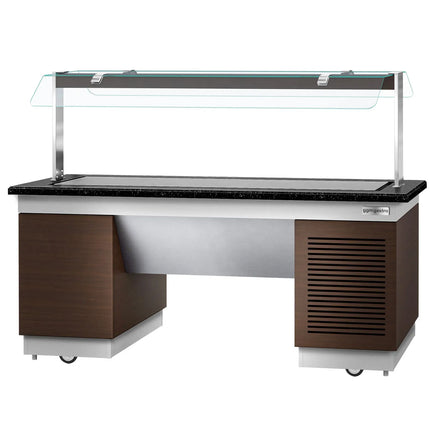 GGM Gastro Refrigerated Buffet Display Counter DUBLIN - 2000mm -with Refrigerated Frost Top + Flat Glass Sneeze Guard - on Castors - Brown