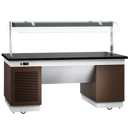 GGM Gastro Refrigerated Buffet Display Counter DUBLIN - 2000mm - with Refrigerated Frost Top + Flat Glass Sneeze Guard - on Castors