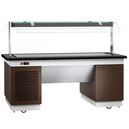 GGM Gastro Refrigerated Buffet Display Counter DUBLIN - 2000mm - with Refrigerated Frost Top + Flat Glass Sneeze Guard - on Castors - Brown