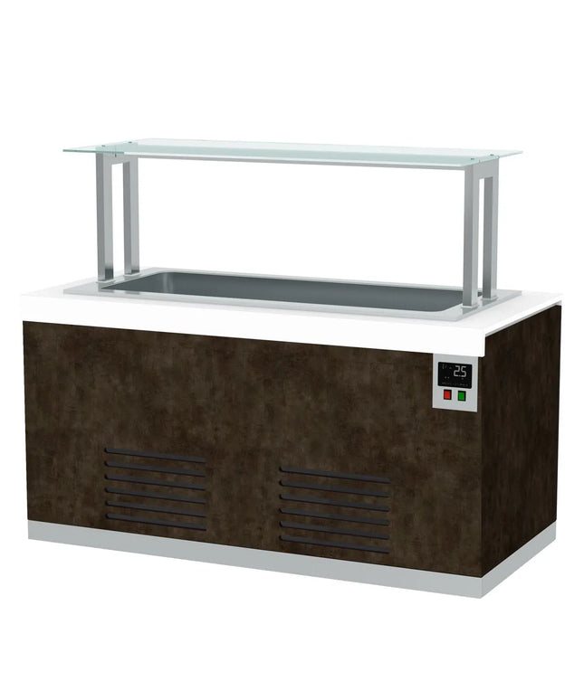 GGM Gastro Refrigerated Buffet Display Counter PRAGUE - 1100mm - with Refrigerated Well + Flat Glass Sneeze Guard - on Castors - for 2x GN 1/1