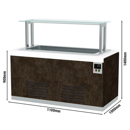 GGM Gastro Refrigerated Buffet Display Counter PRAGUE - 1100mm - with Refrigerated Well + Flat Glass Sneeze Guard - on Castors - for 2x GN 1/1