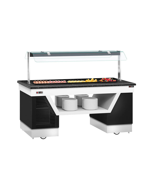 GGM Gastro Refrigerated Salad Bar Counter BELFAST - 2000mm - with Refrigerated Frost Top + Flat Glass Sneeze Guard - on Castors - Black