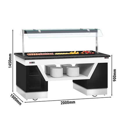 GGM Gastro Refrigerated Salad Bar Counter BELFAST - 2000mm - with Refrigerated Frost Top + Flat Glass Sneeze Guard - on Castors - Black