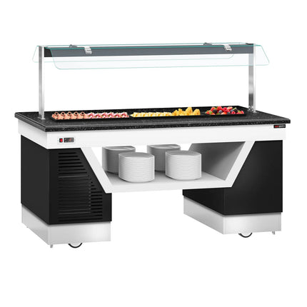 GGM Gastro Refrigerated Salad Bar Counter BELFAST - 2000mm - with Refrigerated Frost Top + Flat Glass Sneeze Guard - on Castors - Black