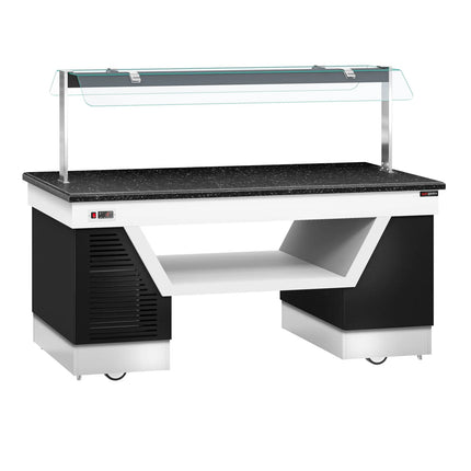 GGM Gastro Refrigerated Salad Bar Counter BELFAST - 2000mm - with Refrigerated Frost Top + Flat Glass Sneeze Guard - on Castors - Black