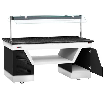 GGM Gastro Refrigerated Salad Bar Counter BELFAST - 2000mm - with Refrigerated Frost Top + Flat Glass Sneeze Guard - on Castors - Black