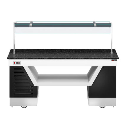 GGM Gastro Refrigerated Salad Bar Counter BELFAST - 2000mm - with Refrigerated Frost Top + Flat Glass Sneeze Guard - on Castors - Black