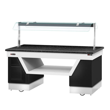 GGM Gastro Refrigerated Salad Bar Counter BELFAST - 2000mm - with Refrigerated Frost Top + Flat Glass Sneeze Guard - on Castors - Black