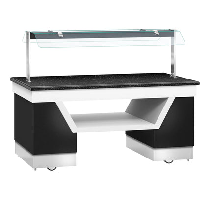 GGM Gastro Refrigerated Salad Bar Counter BELFAST - 2000mm - with Refrigerated Frost Top + Flat Glass Sneeze Guard - on Castors - Black