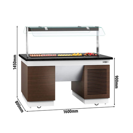 GGM Gastro Refrigerated Salad Bar Counter DUBLIN - 1600mm - with Refrigerated Frost Top + Flat Glass Sneeze Guard - on Castors - Black Granite