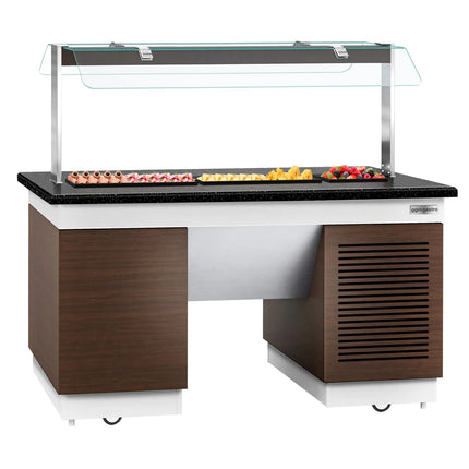 GGM Gastro Refrigerated Salad Bar Counter DUBLIN - 1600mm - with Refrigerated Frost Top + Flat Glass Sneeze Guard - on Castors - Black Granite