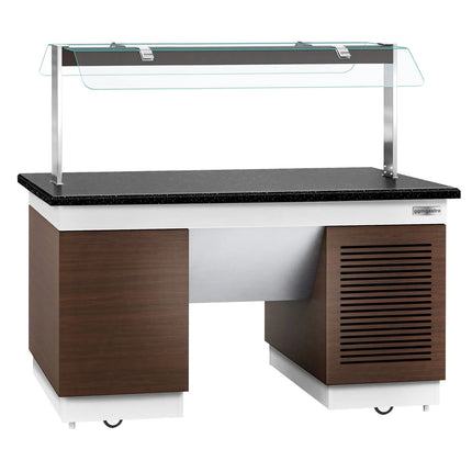GGM Gastro Refrigerated Salad Bar Counter DUBLIN - 1600mm - with Refrigerated Frost Top + Flat Glass Sneeze Guard - on Castors - Black Granite