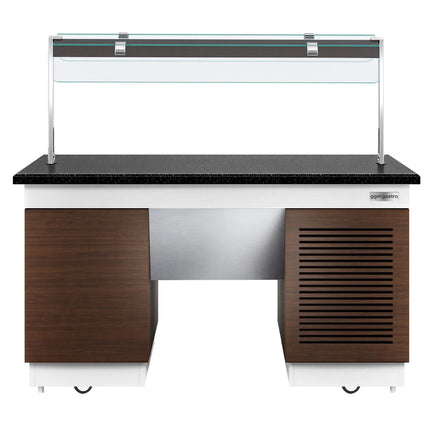 GGM Gastro Refrigerated Salad Bar Counter DUBLIN - 1600mm - with Refrigerated Frost Top + Flat Glass Sneeze Guard - on Castors - Black Granite