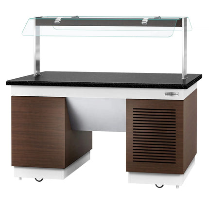 GGM Gastro Refrigerated Salad Bar Counter DUBLIN - 1600mm - with Refrigerated Frost Top + Flat Glass Sneeze Guard - on Castors - Black Granite