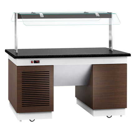 GGM Gastro Refrigerated Salad Bar Counter DUBLIN - 1600mm - with Refrigerated Frost Top + Flat Glass Sneeze Guard - on Castors - Black Granite