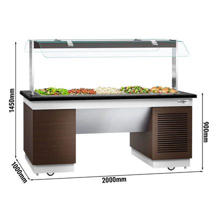GGM Gastro Refrigerated Salad Bar Counter  DUBLIN - 2000mm - with Refrigerated Well + Flat Glass Sneeze Guard - on Castors - for 5x GN 1/1 - Brown