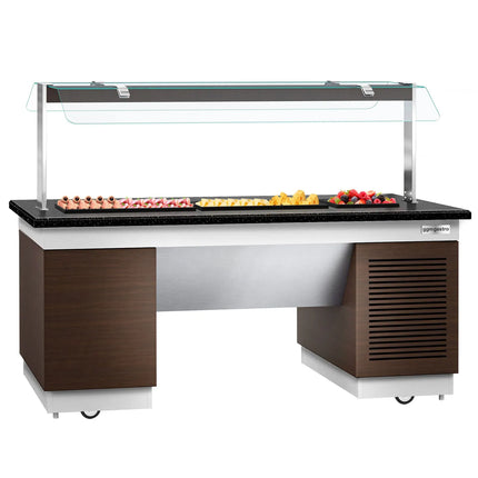 GGM Gastro Refrigerated Salad Bar Counter DUBLIN - 2000mm -with Refrigerated Frost Top + Flat Glass Sneeze Guard - on Castors - Brown