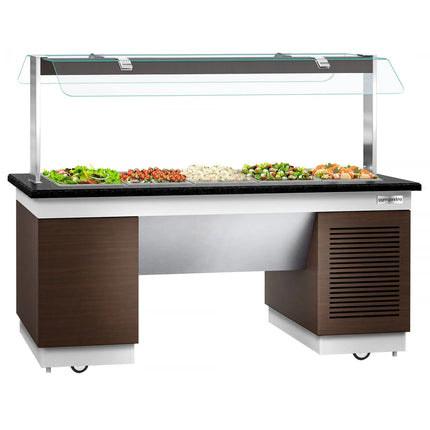 GGM Gastro Refrigerated Salad Bar Counter  DUBLIN - 2000mm - with Refrigerated Well + Flat Glass Sneeze Guard - on Castors - for 5x GN 1/1 - Brown