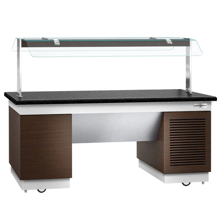 GGM Gastro Refrigerated Salad Bar Counter DUBLIN - 2000mm -with Refrigerated Frost Top + Flat Glass Sneeze Guard - on Castors - Brown