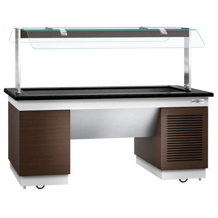 GGM Gastro Refrigerated Salad Bar Counter  DUBLIN - 2000mm - with Refrigerated Well + Flat Glass Sneeze Guard - on Castors - for 5x GN 1/1 - Brown