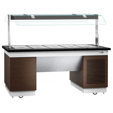 GGM Gastro Refrigerated Salad Bar Counter  DUBLIN - 2000mm - with Refrigerated Well + Flat Glass Sneeze Guard - on Castors - for 5x GN 1/1 - Brown