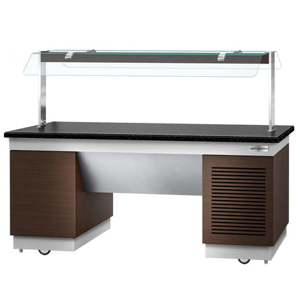 GGM Gastro Refrigerated Salad Bar Counter DUBLIN - 2000mm -with Refrigerated Frost Top + Flat Glass Sneeze Guard - on Castors - Brown