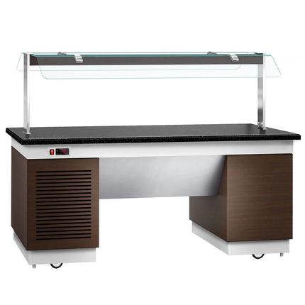 GGM Gastro Refrigerated Salad Bar Counter DUBLIN - 2000mm -with Refrigerated Frost Top + Flat Glass Sneeze Guard - on Castors - Brown