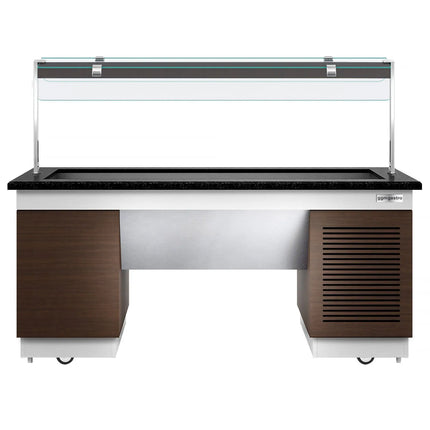 GGM Gastro Refrigerated Salad Bar Counter  DUBLIN - 2000mm - with Refrigerated Well + Flat Glass Sneeze Guard - on Castors - for 5x GN 1/1 - Brown