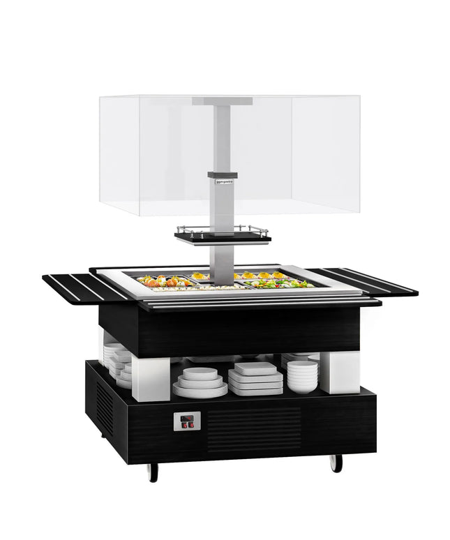 GGM Gastro Refrigerated Salad Bar DUBLIN - 1700mm - with Refrigerated Well + Angled Glass Sneeze Guard - on Castors - for 4x GN 1/1 - Black