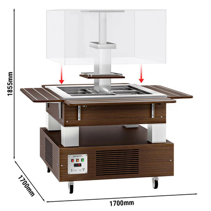 GGM Gastro Refrigerated Salad Bar DUBLIN - 1700mm - with Refrigerated Well + Angled Glass Sneeze Guard - on Castors - for 4x GN 1/1 - Brown