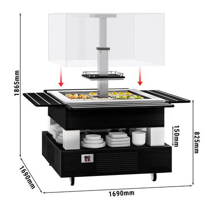 GGM Gastro Refrigerated Salad Bar DUBLIN - 1700mm - with Refrigerated Well + Angled Glass Sneeze Guard - on Castors - for 4x GN 1/1 - Black