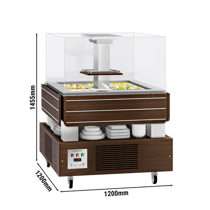 GGM Gastro Refrigerated Salad Bar DUBLIN - 1700mm - with Refrigerated Well + Angled Glass Sneeze Guard - on Castors - for 4x GN 1/1 - Brown