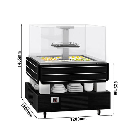 GGM Gastro Refrigerated Salad Bar DUBLIN - 1700mm - with Refrigerated Well + Angled Glass Sneeze Guard - on Castors - for 4x GN 1/1 - Black