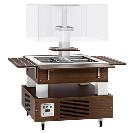 GGM Gastro Refrigerated Salad Bar DUBLIN - 1700mm - with Refrigerated Well + Angled Glass Sneeze Guard - on Castors - for 4x GN 1/1 - Brown