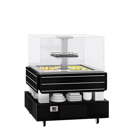 GGM Gastro Refrigerated Salad Bar DUBLIN - 1700mm - with Refrigerated Well + Angled Glass Sneeze Guard - on Castors - for 4x GN 1/1 - Black