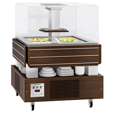 GGM Gastro Refrigerated Salad Bar DUBLIN - 1700mm - with Refrigerated Well + Angled Glass Sneeze Guard - on Castors - for 4x GN 1/1 - Brown