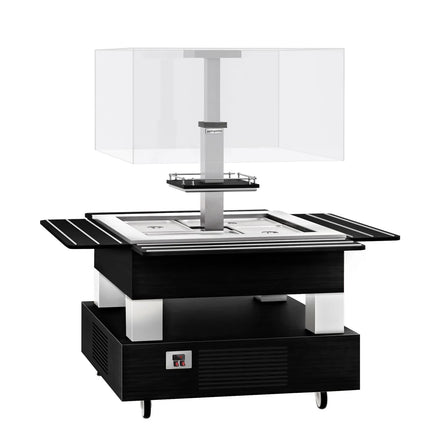 GGM Gastro Refrigerated Salad Bar DUBLIN - 1700mm - with Refrigerated Well + Angled Glass Sneeze Guard - on Castors - for 4x GN 1/1 - Black